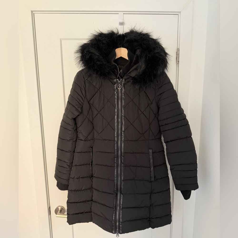 Noize Women's Black Puffer Coat with Faux Fur Hood